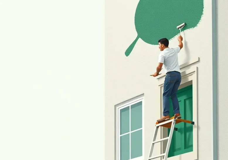 Peintre sur échafaudage traitant la façade d'une maison