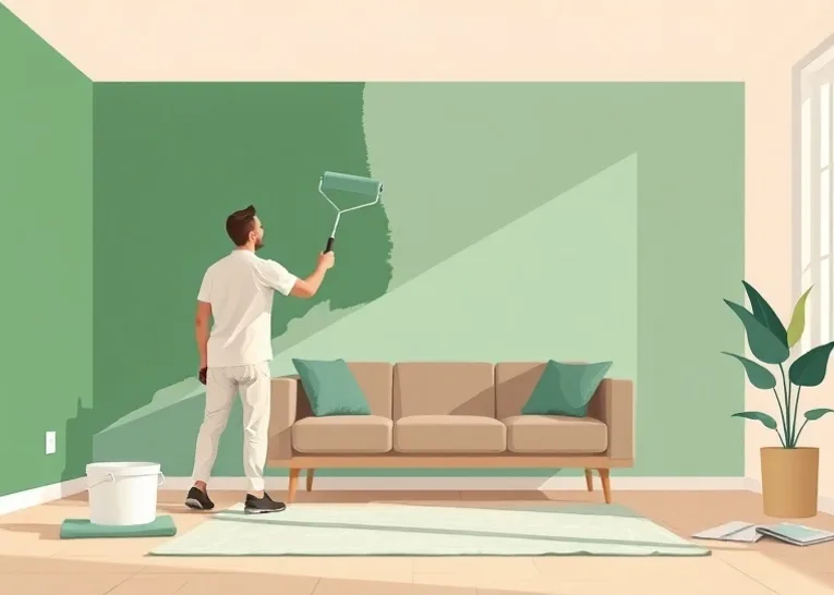 Peintre appliquant la peinture au rouleau sur un mur de salon